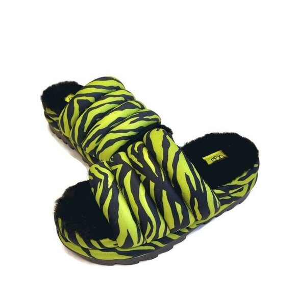 UGG Womens 6 Maxi Slide Tiger Print Sheepskin Platform Slippers Key Lime Green - Picture 4 of 8